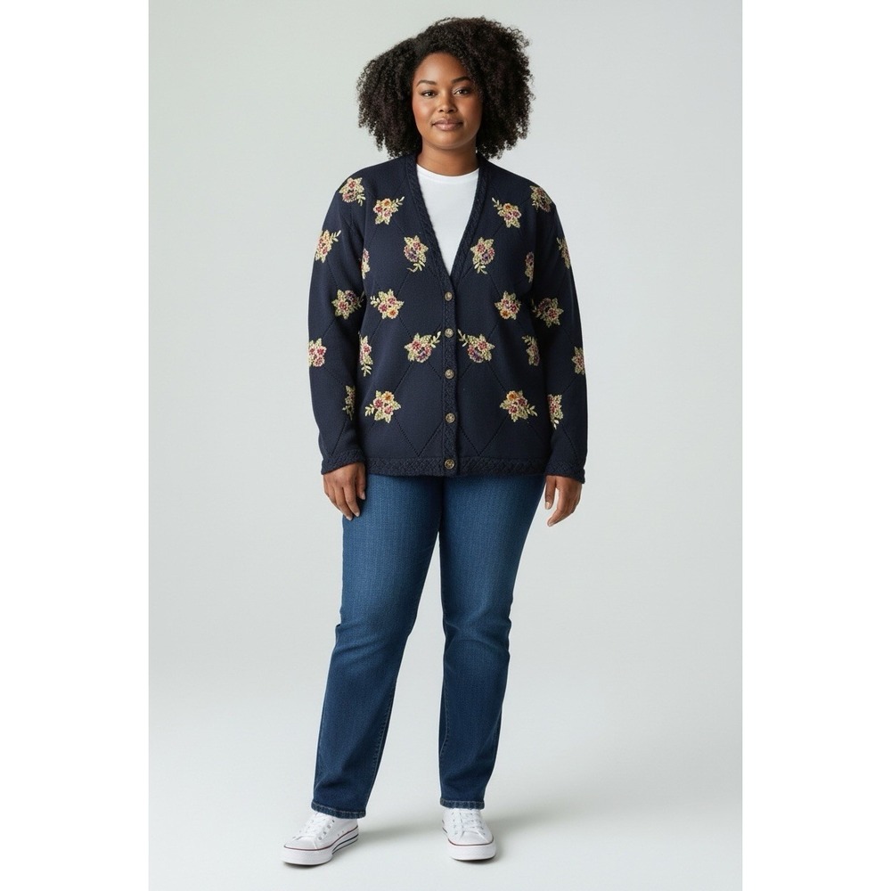 Vtg Marisa Christina II Knit Cardigan‎ Cardigan Womens 2X Floral Rose Buttons